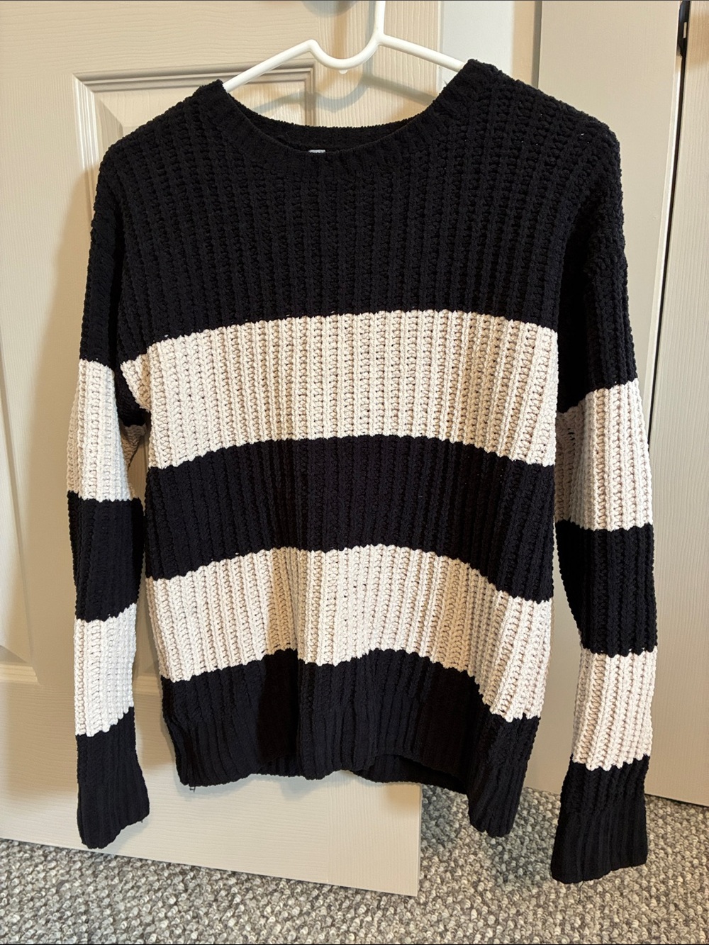 Striped Crewneck Knit Sweater in Black and Cream - Picture 2 of 3